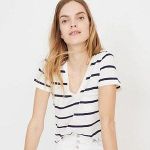Madewell Blue Striped V-Neck Pocket Tee